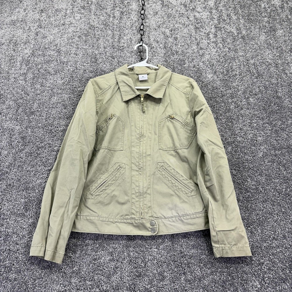 Old Navy Jacket Womens XL Beige Green Twill Full Zip Utility Pockets Short